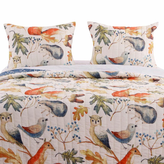Juego de edredón reversible de microfibra tamaño matrimonial/queen con estampado floral de pájaros y animales en azul y beige