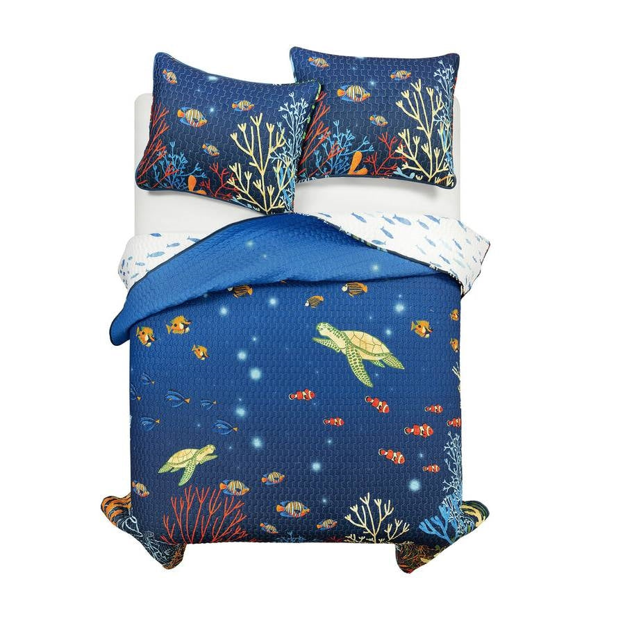 Juego de colcha reversible de 3 piezas Full/Queen, diseño de pez payaso y arrecife de coral, color azul marino