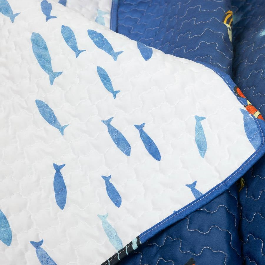 Juego de colcha reversible de 3 piezas Full/Queen, diseño de pez payaso y arrecife de coral, color azul marino