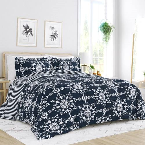 Juego de edredón de 3 piezas doble/queen reversible con estampado floral a rayas azul marino y blanco
