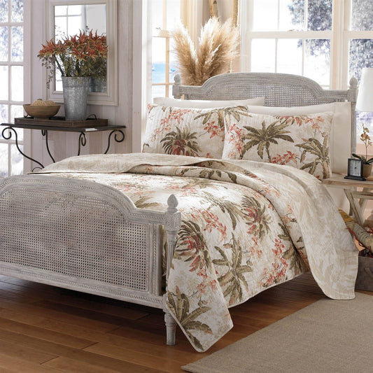 Juego de colcha reversible de 3 piezas de algodón con palmeras y motivos florales para cama Full/Queen