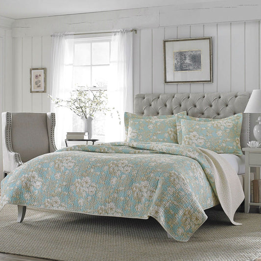 Juego de colcha de algodón de 3 piezas Full/Queen con estampado floral en azul verdoso y beige