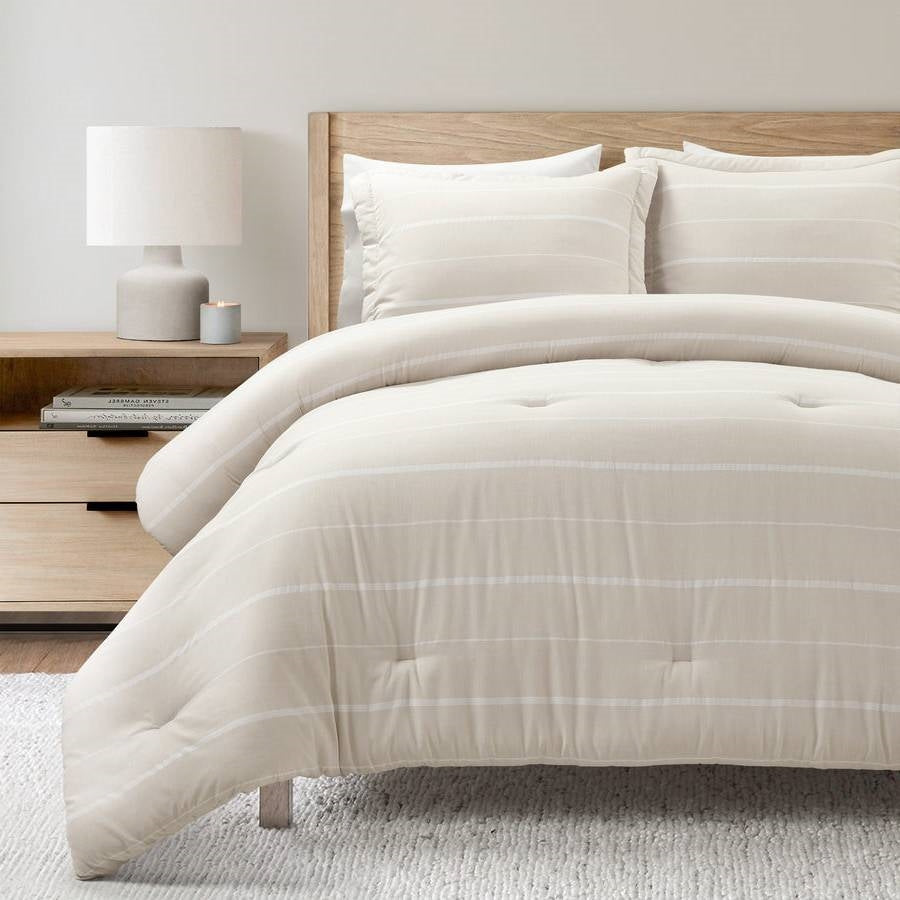 Juego de edredón liviano de 3 piezas Full/Queen con rayas beige blanquecinas