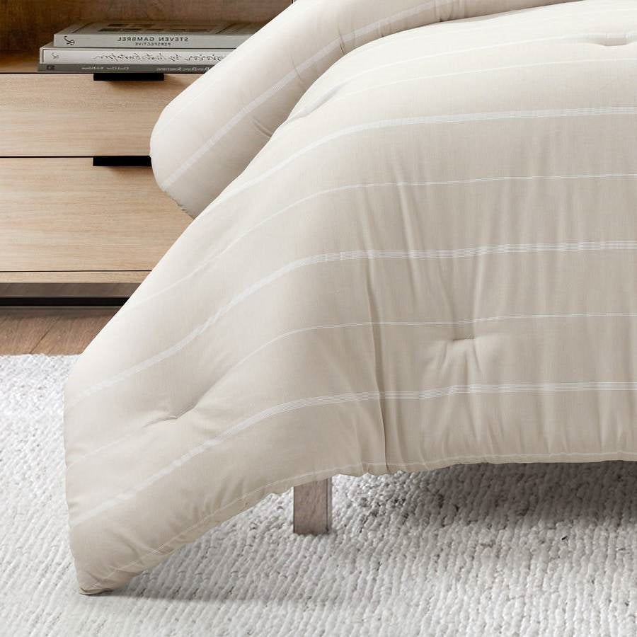 Juego de edredón liviano de 3 piezas Full/Queen con rayas beige blanquecinas