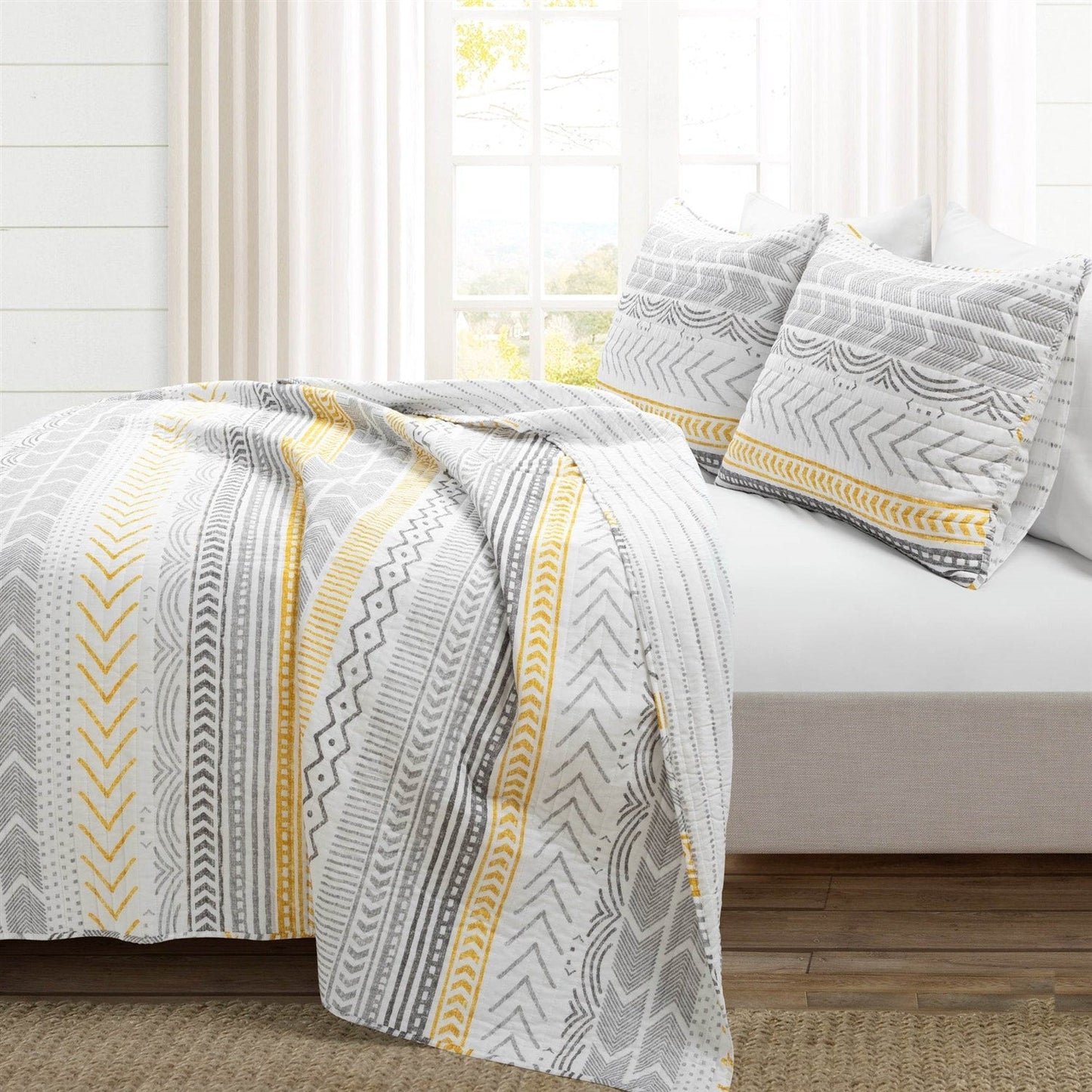 Juego de colcha reversible de algodón escandinavo gris/amarillo, tamaño Full/Queen