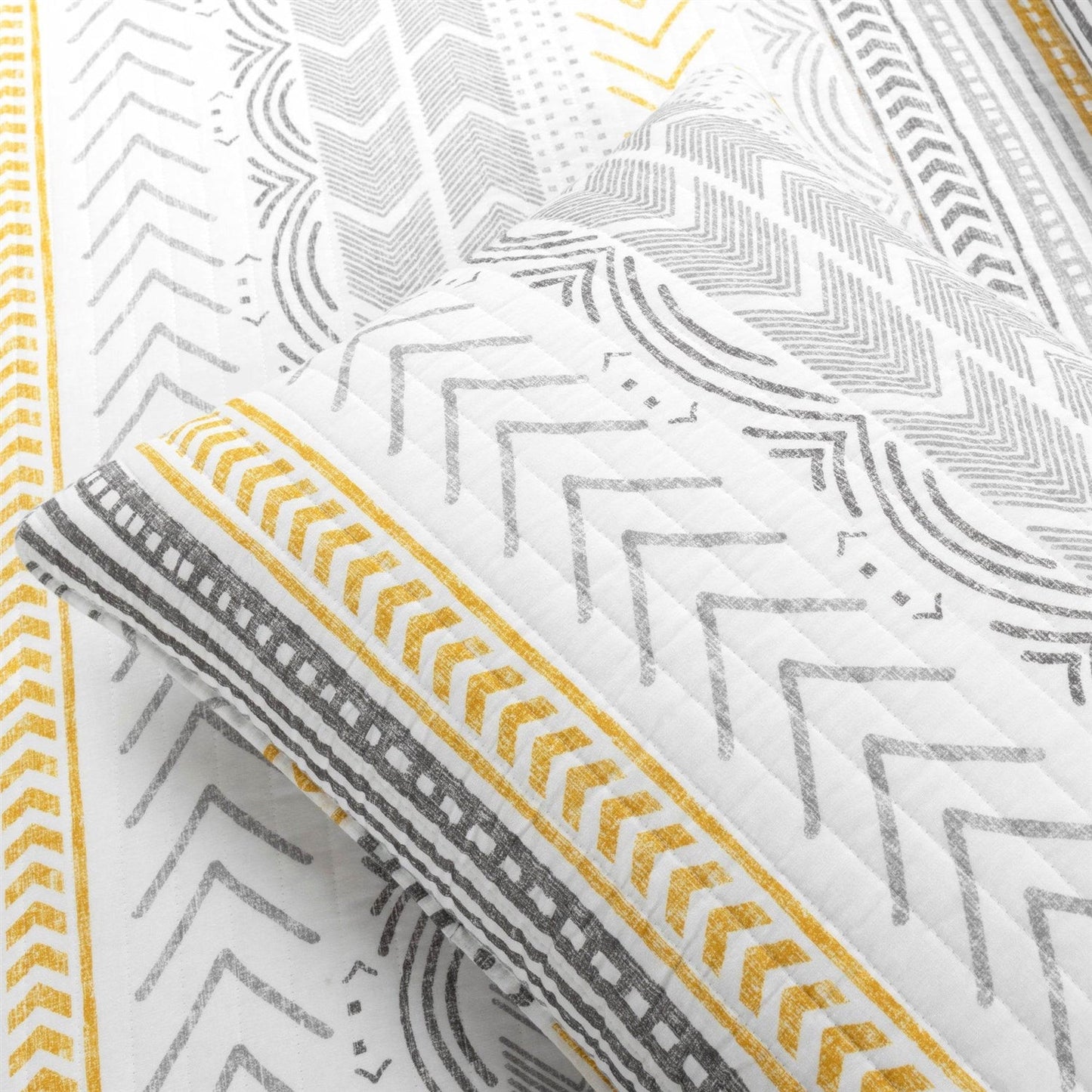 Juego de colcha reversible de algodón escandinavo gris/amarillo, tamaño Full/Queen