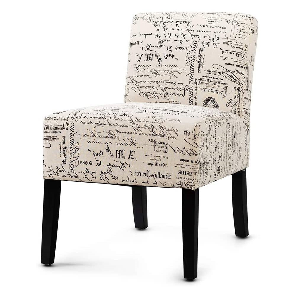 Sillón moderno tapizado en jacquard con diseño de cursiva francesa en blanco roto y patas de madera negras