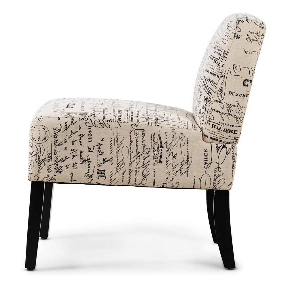 Sillón moderno tapizado en jacquard con diseño de cursiva francesa en blanco roto y patas de madera negras