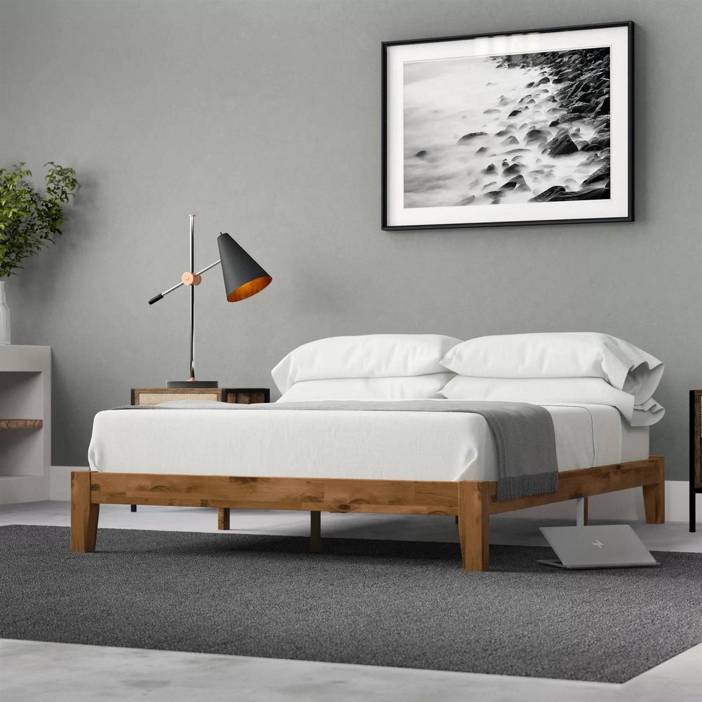 Base de cama tipo plataforma de madera maciza moderna simple tamaño matrimonial - Capacidad de peso de 317 kg.