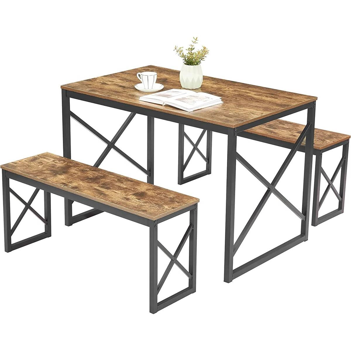 Mesa de comedor de cocina moderna industrial con tapa de madera y 2 bancos sin respaldo
