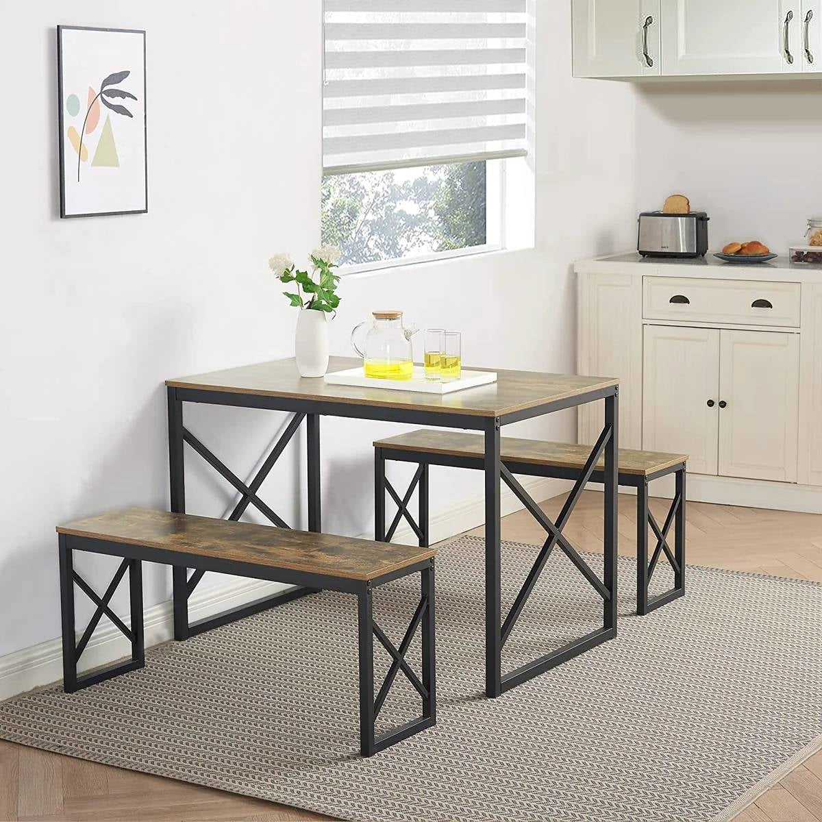 Mesa de comedor de cocina moderna industrial con tapa de madera y 2 bancos sin respaldo