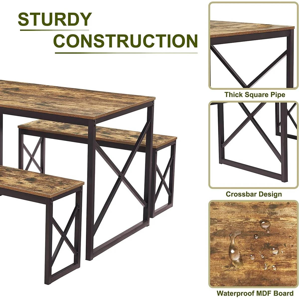 Mesa de comedor de cocina moderna industrial con tapa de madera y 2 bancos sin respaldo