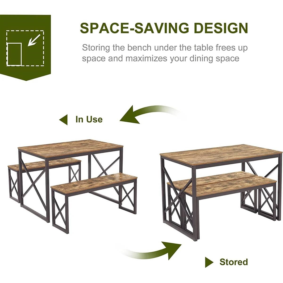 Mesa de comedor de cocina moderna industrial con tapa de madera y 2 bancos sin respaldo