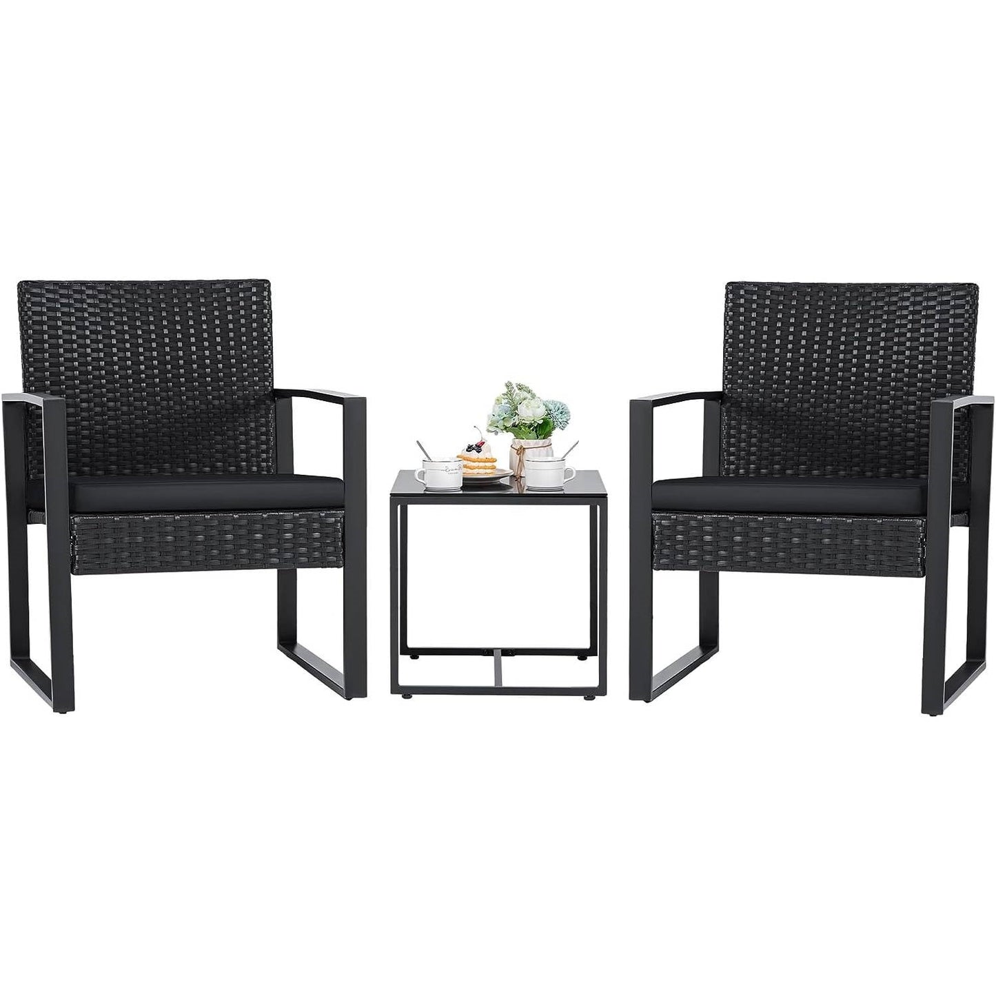 Juego de muebles de patio de 3 piezas para exteriores con 2 sillas de patio negras y 1 mesa auxiliar