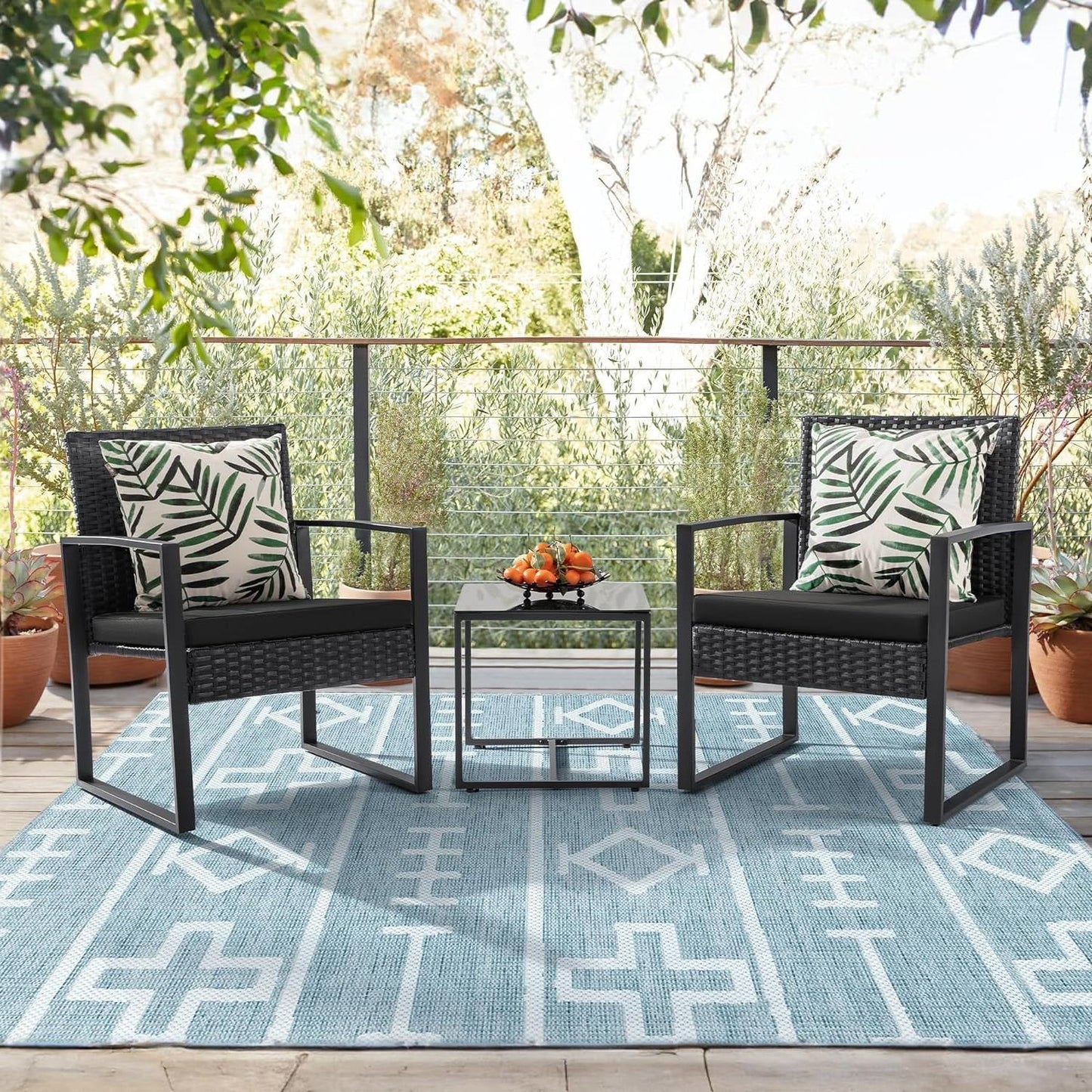 Juego de muebles de patio de 3 piezas para exteriores con 2 sillas de patio negras y 1 mesa auxiliar
