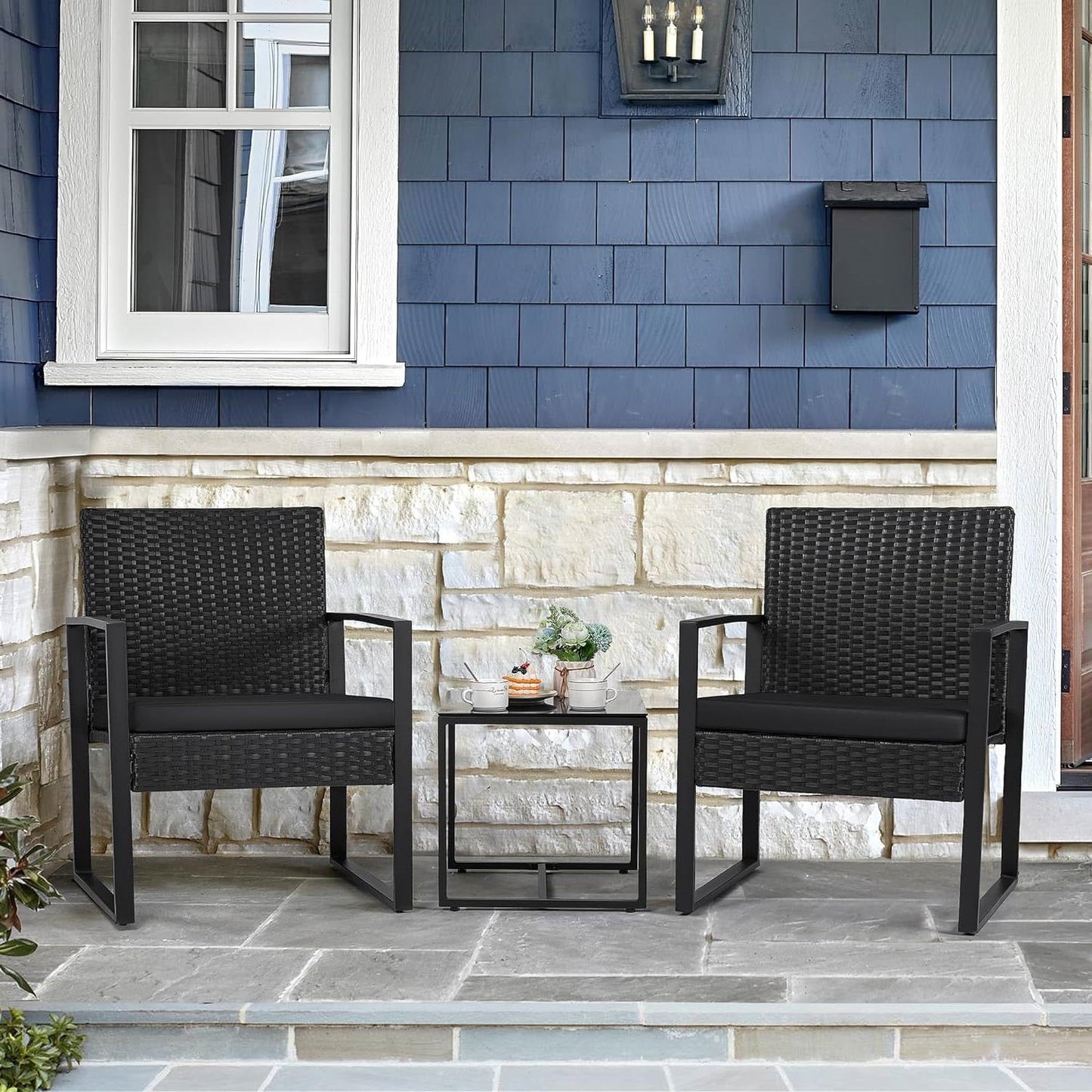 Juego de muebles de patio de 3 piezas para exteriores con 2 sillas de patio negras y 1 mesa auxiliar