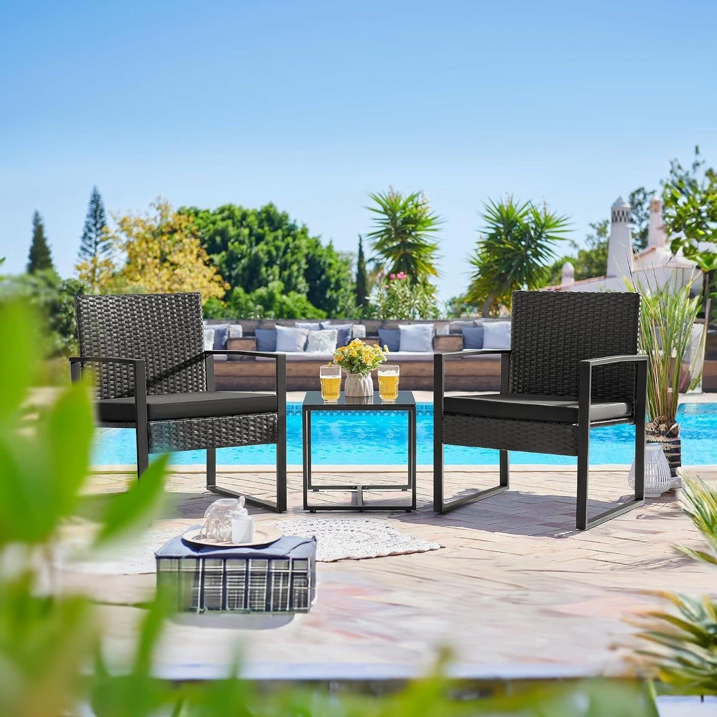 Juego de muebles de patio de 3 piezas para exteriores con 2 sillas de patio negras y 1 mesa auxiliar