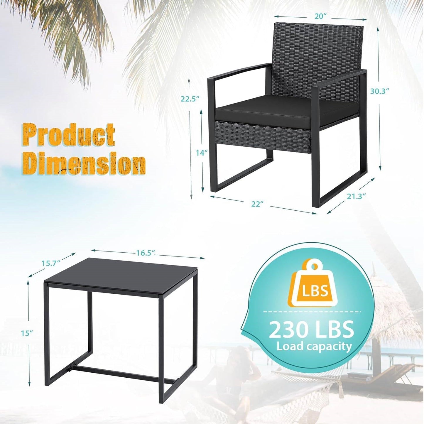 Juego de muebles de patio de 3 piezas para exteriores con 2 sillas de patio negras y 1 mesa auxiliar