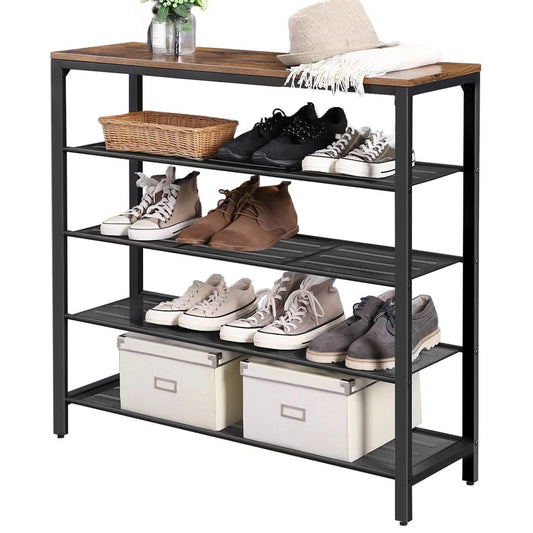 Zapatero de metal negro de 5 niveles con tapa de madera marrón, estilo industrial moderno