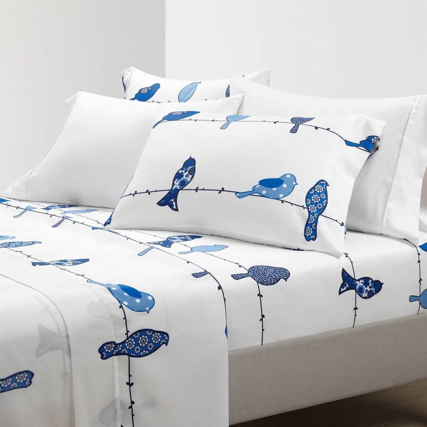Juego de sábanas de 6 piezas de poliéster suave con diseño floral de pájaros en alambre, color azul y blanco, tamaño completo