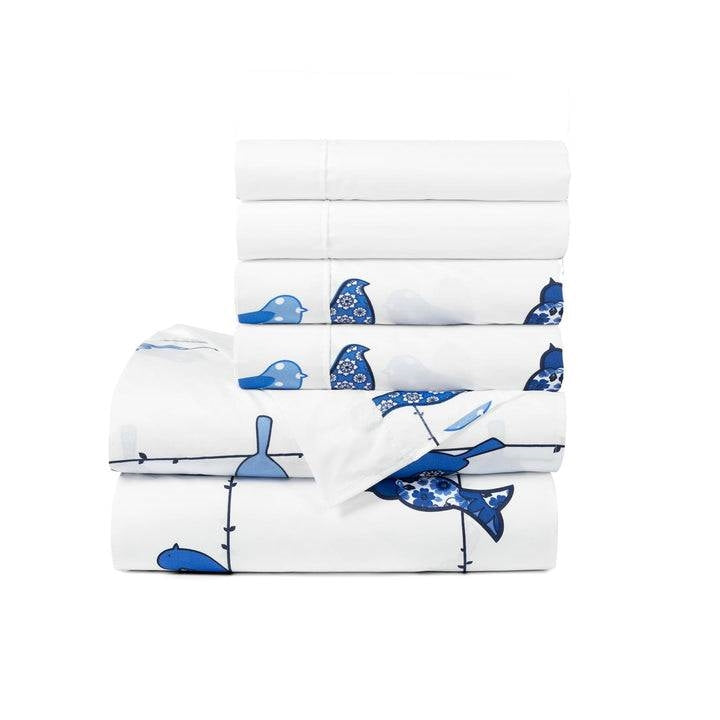 Juego de sábanas de 6 piezas de poliéster suave con diseño floral de pájaros en alambre, color azul y blanco, tamaño completo