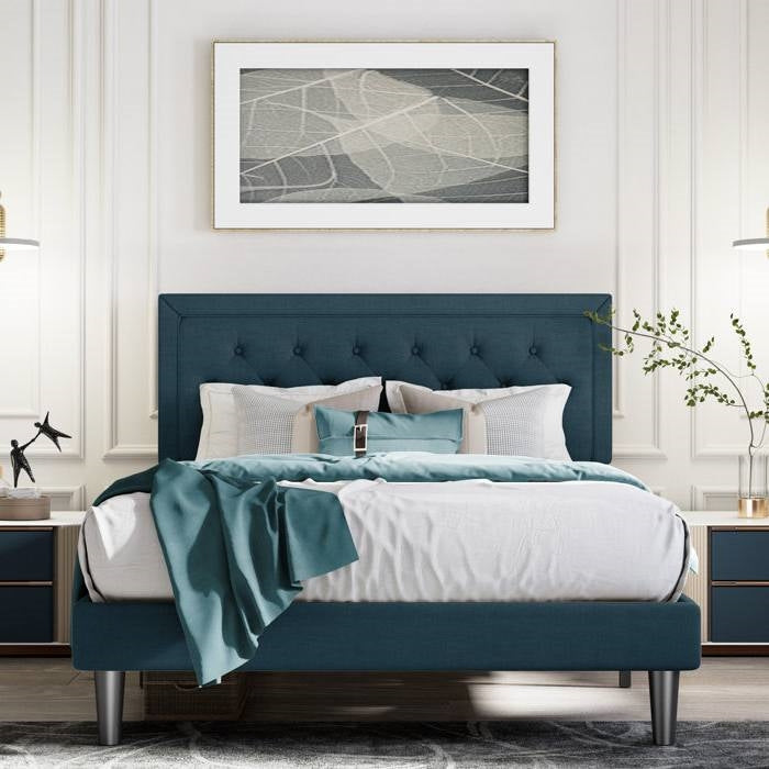 Base de cama con plataforma de altura ajustable tamaño matrimonial con cabecero tapizado azul