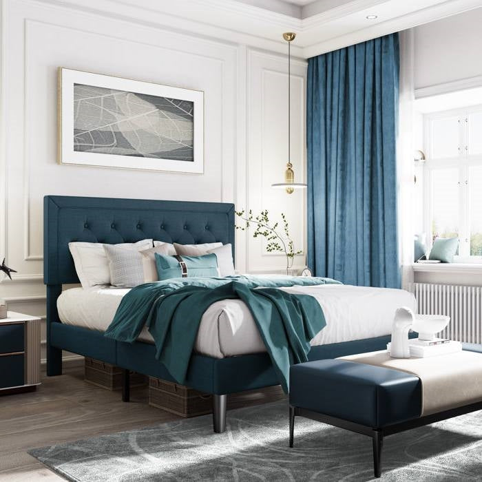 Base de cama con plataforma de altura ajustable tamaño matrimonial con cabecero tapizado azul