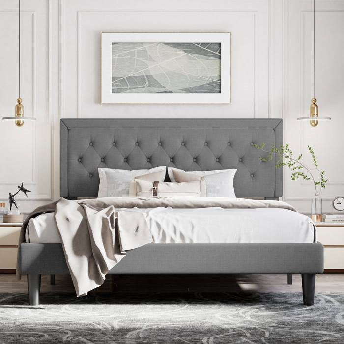 Cama de plataforma tapizada en lino gris oscuro tamaño matrimonial con cabecero capitoné