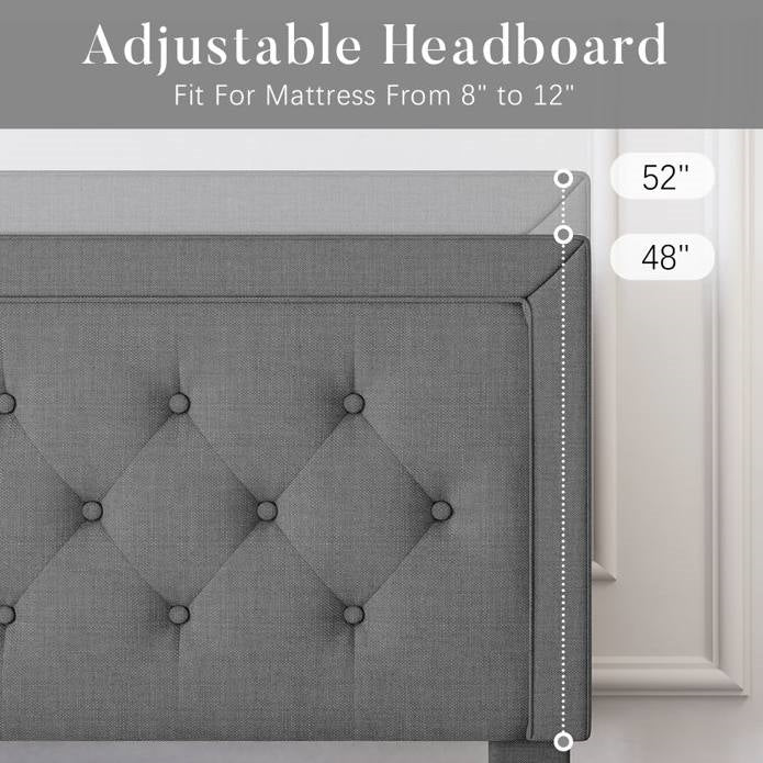 Cama de plataforma tapizada en lino gris oscuro tamaño matrimonial con cabecero capitoné