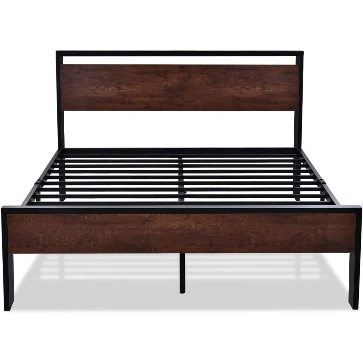Base de cama de plataforma de metal completa con cabecera y pie de cama de panel de madera de caoba
