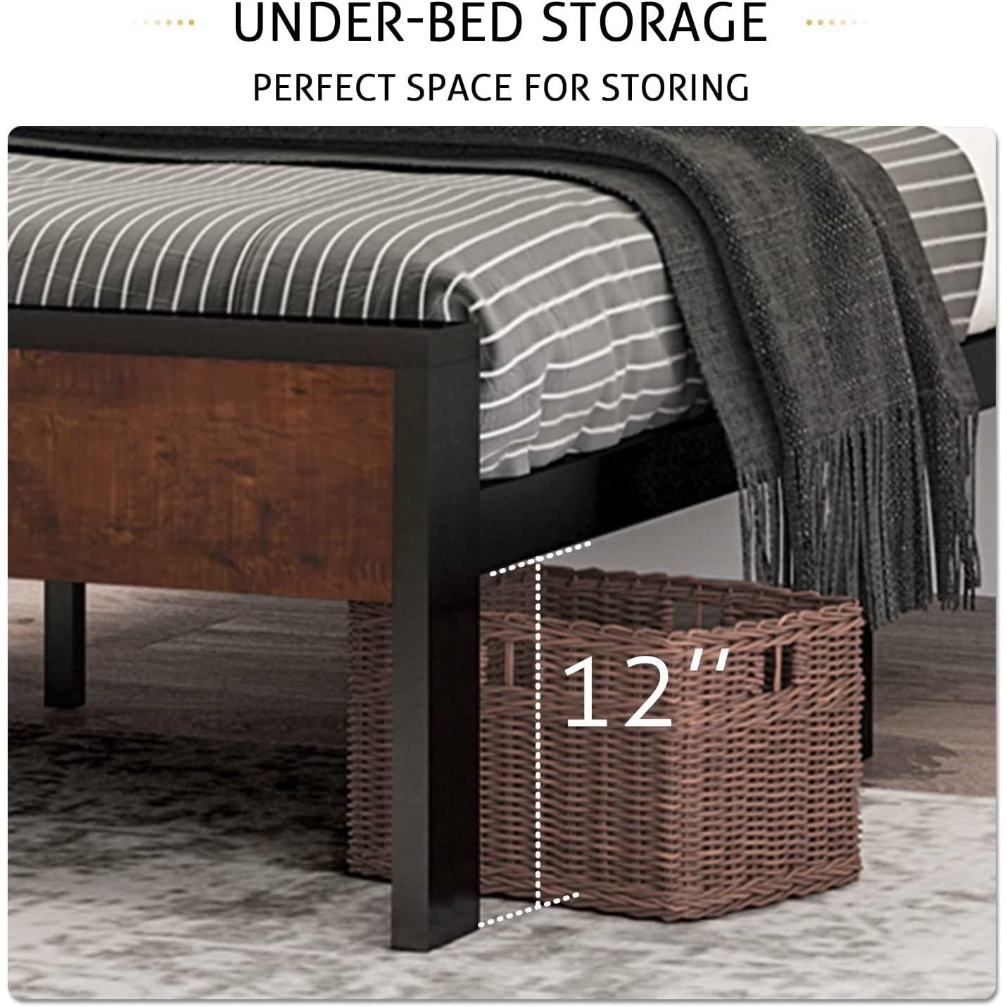 Base de cama de plataforma de metal completa con cabecera y pie de cama de panel de madera de caoba