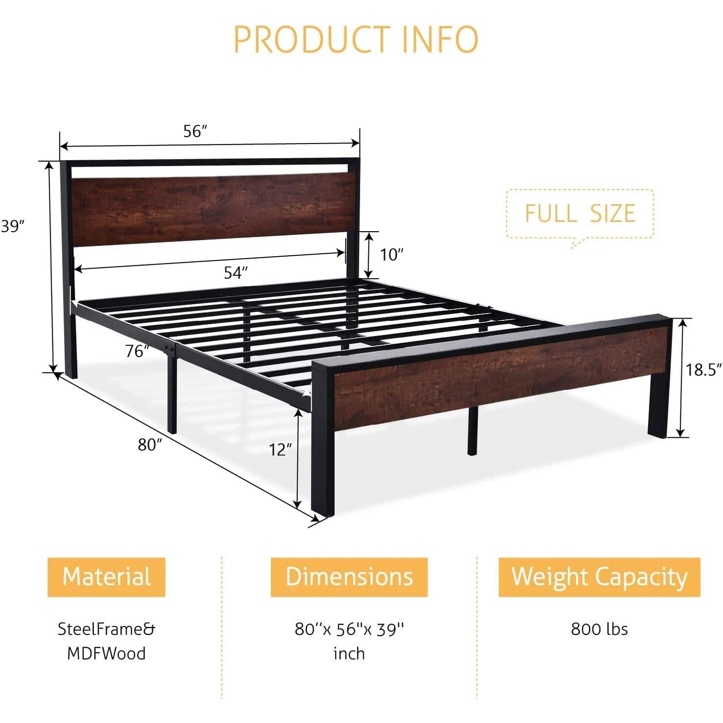 Base de cama de plataforma de metal completa con cabecera y pie de cama de panel de madera de caoba