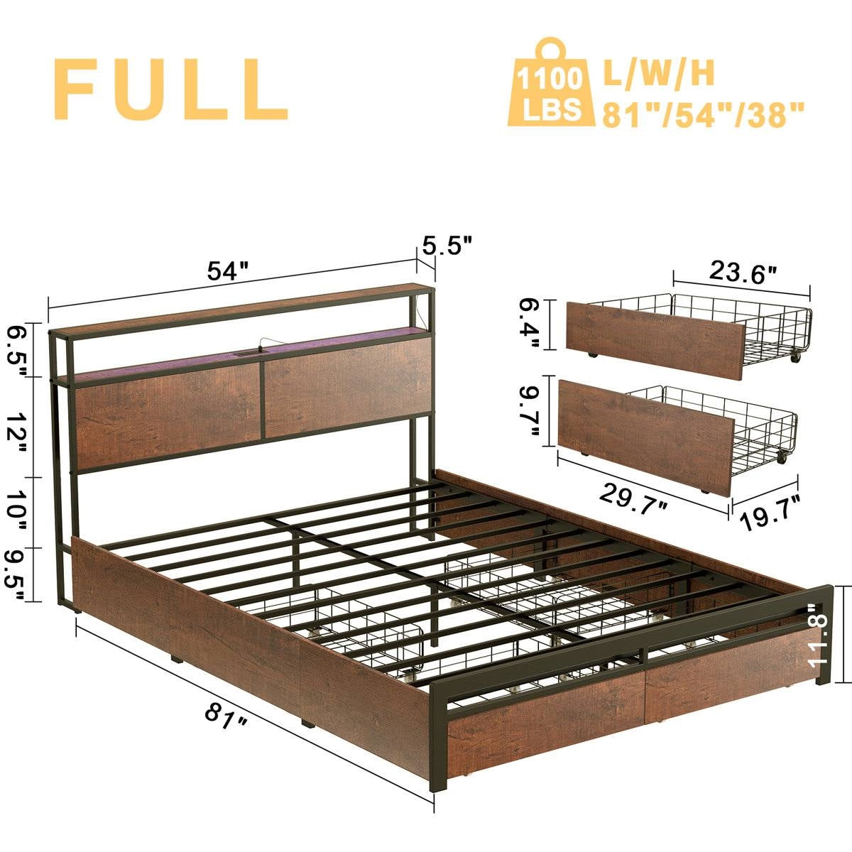 Cama de plataforma de tamaño completo con cabecero y cajones de almacenamiento en acabado de madera marrón