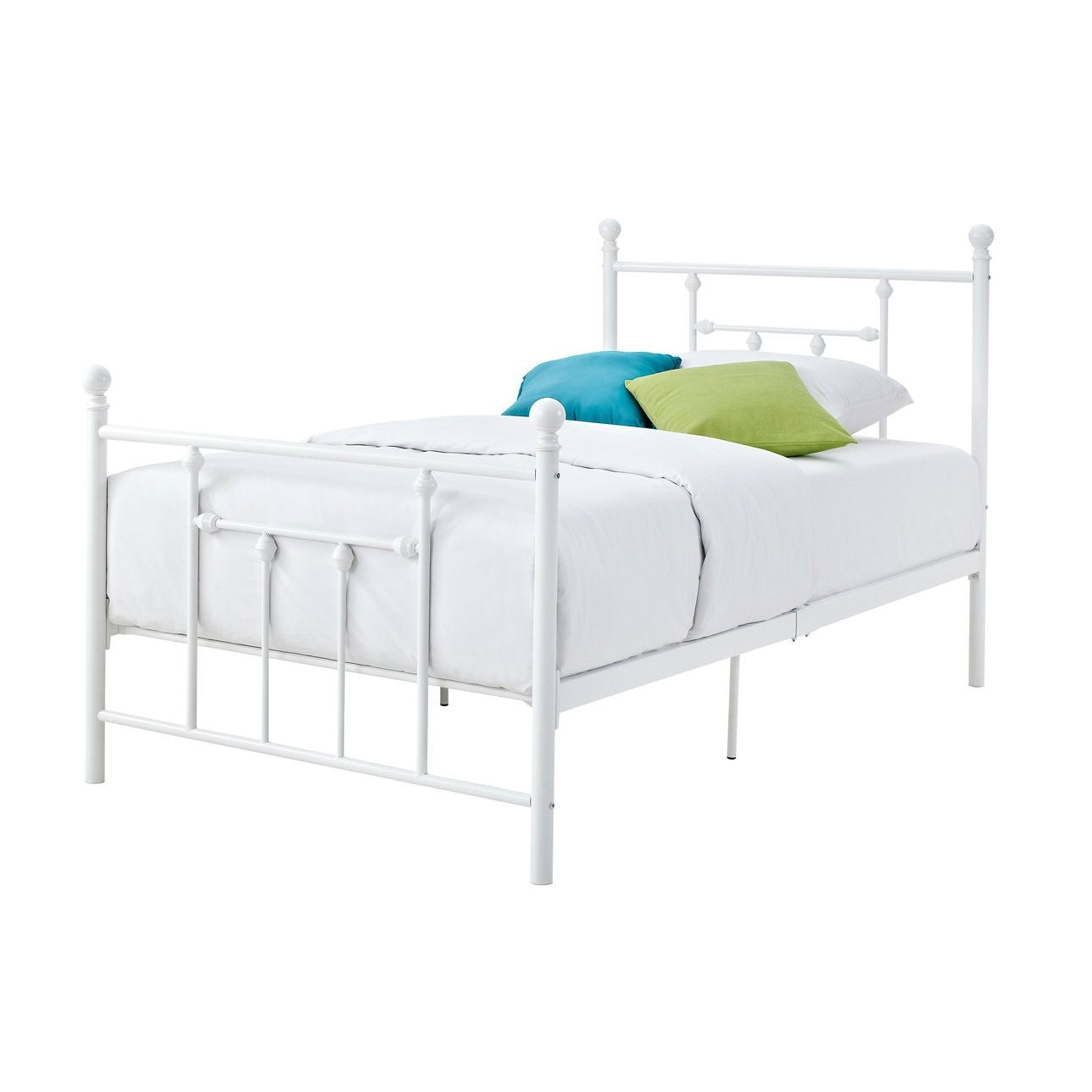 Cama de plataforma de metal blanco de tamaño completo con cabecero y pie de cama