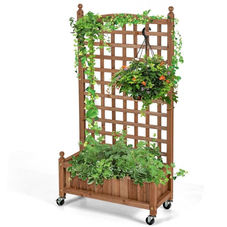 Cama de jardín elevada de madera maciza para exteriores, jardinera móvil con enrejado sobre ruedas
