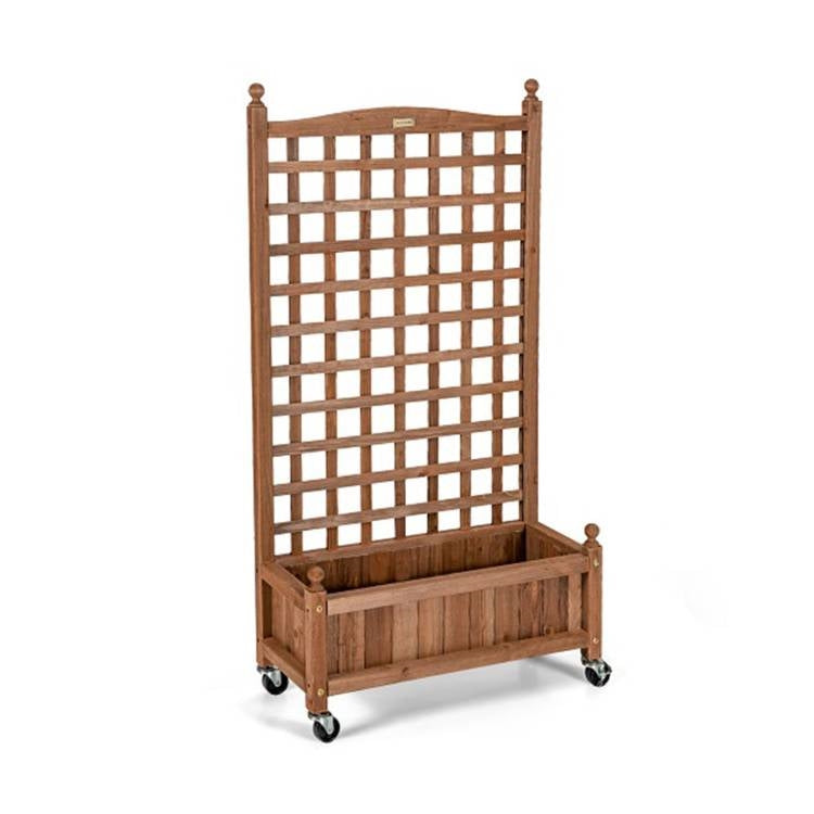 Cama de jardín elevada de madera maciza para exteriores, jardinera móvil con enrejado sobre ruedas