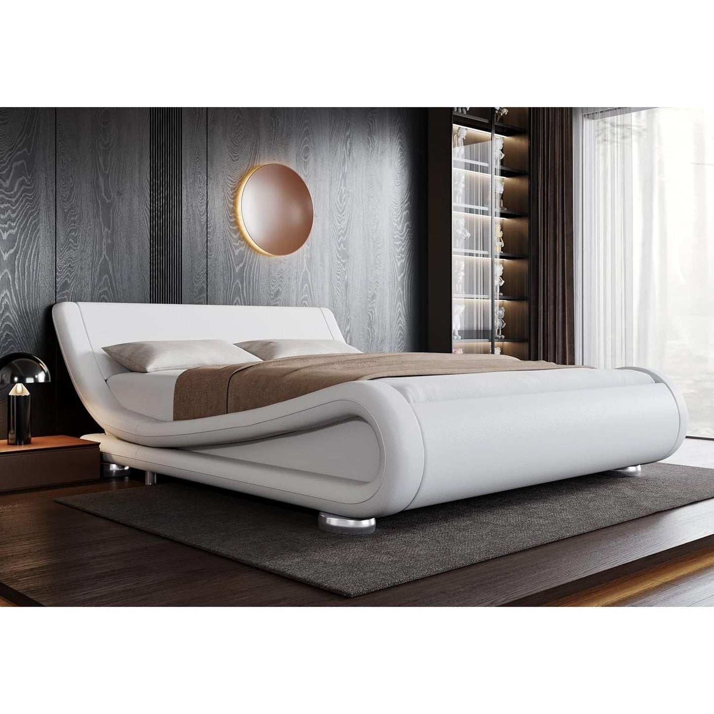 Base de cama de plataforma tapizada en blanco moderno completo con cabecero curvo tipo trineo