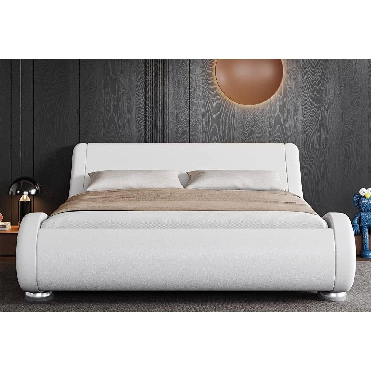 Base de cama de plataforma tapizada en blanco moderno completo con cabecero curvo tipo trineo