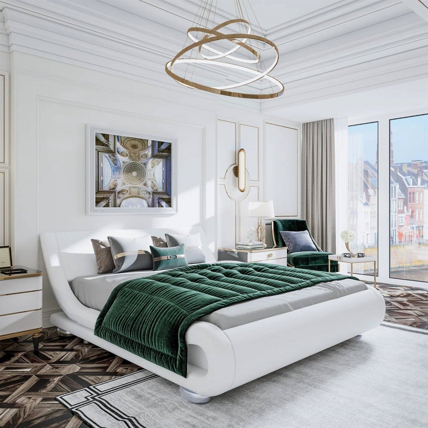 Base de cama de plataforma tapizada en blanco moderno completo con cabecero curvo tipo trineo