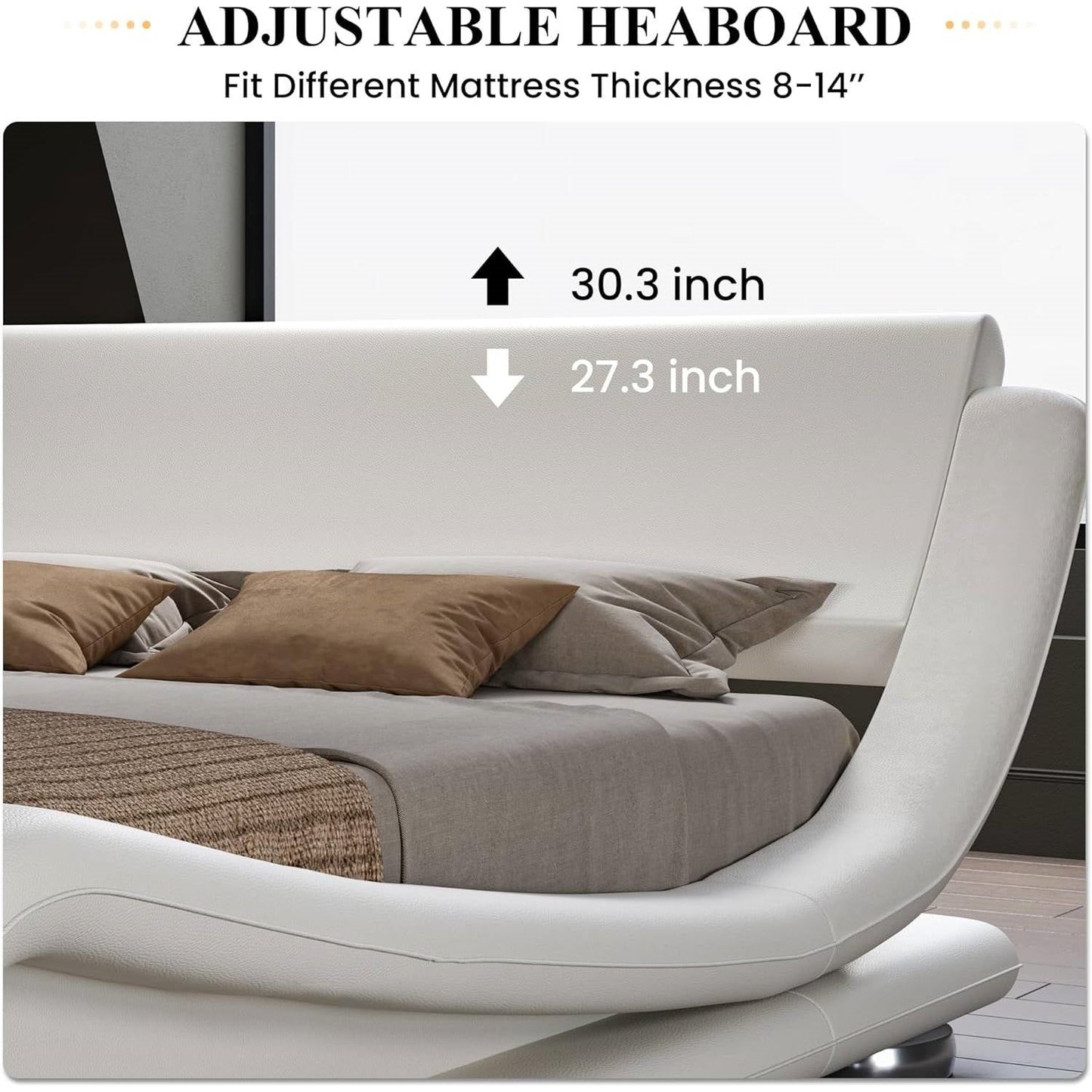 Base de cama de plataforma tapizada en blanco moderno completo con cabecero curvo tipo trineo