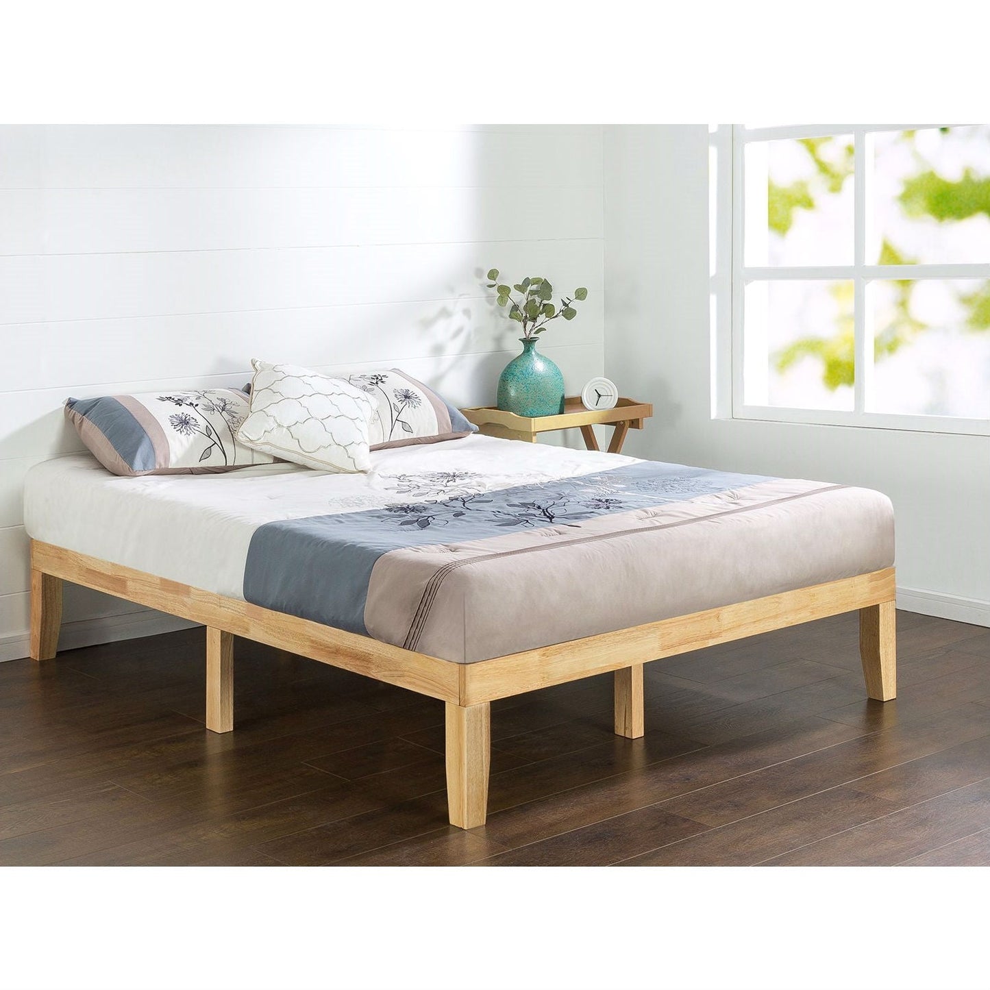 Base de cama de plataforma de madera maciza tamaño completo con acabado natural