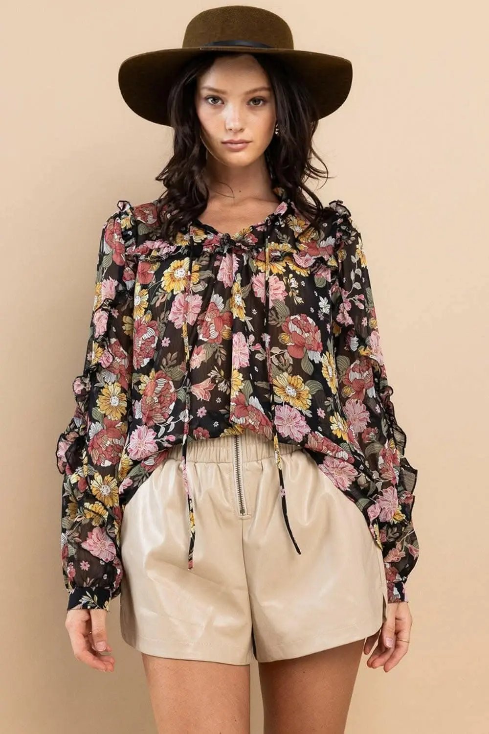 Pants Trendsi Floral Blouse Women's Elegant Ruffle Long Sleeve Top - Feminine Fit