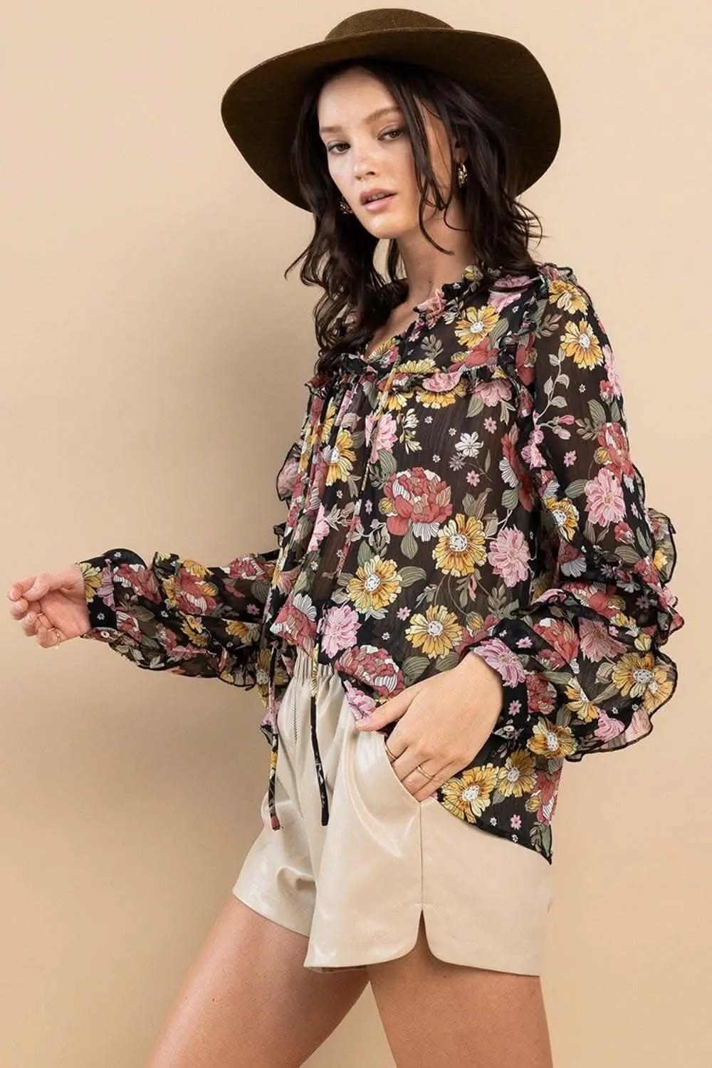 Pants Trendsi Floral Blouse Women's Elegant Ruffle Long Sleeve Top - Feminine Fit