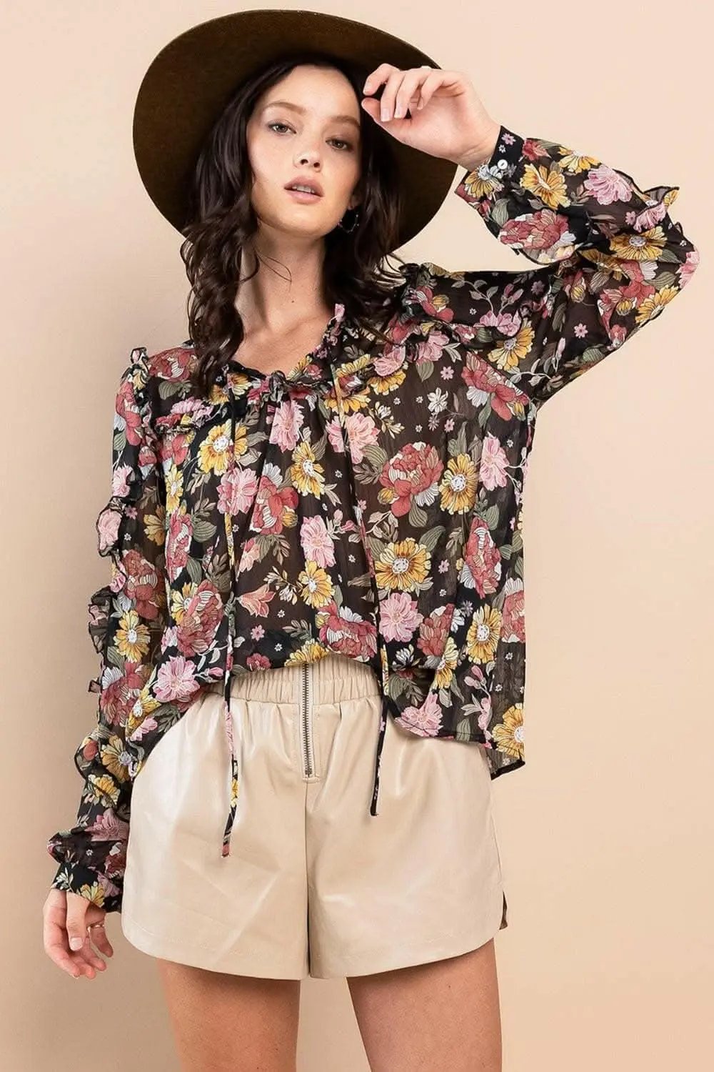 Pants Trendsi Floral Blouse Women's Elegant Ruffle Long Sleeve Top - Feminine Fit
