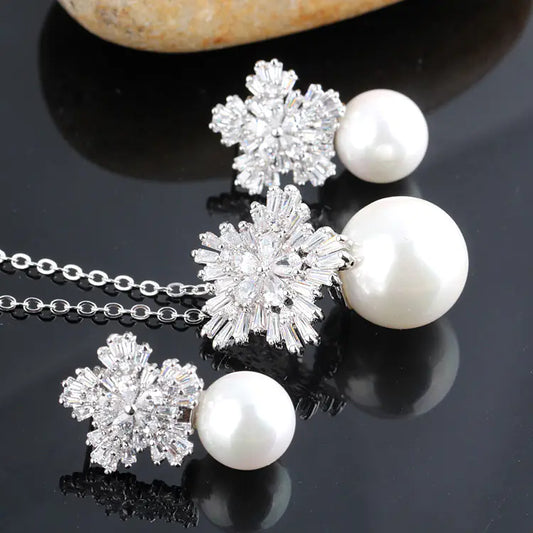 Conjunto de collar de lujo de copo de nieve con perlas y circonitas, en plata 925
