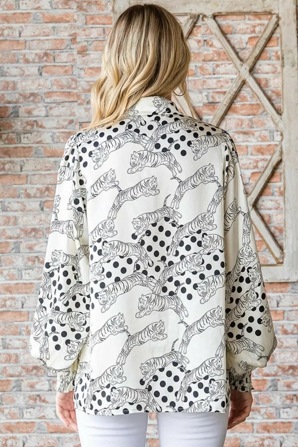 Trendsi Tiger Print Long Sleeve Top — Collared Button-Down Shirt