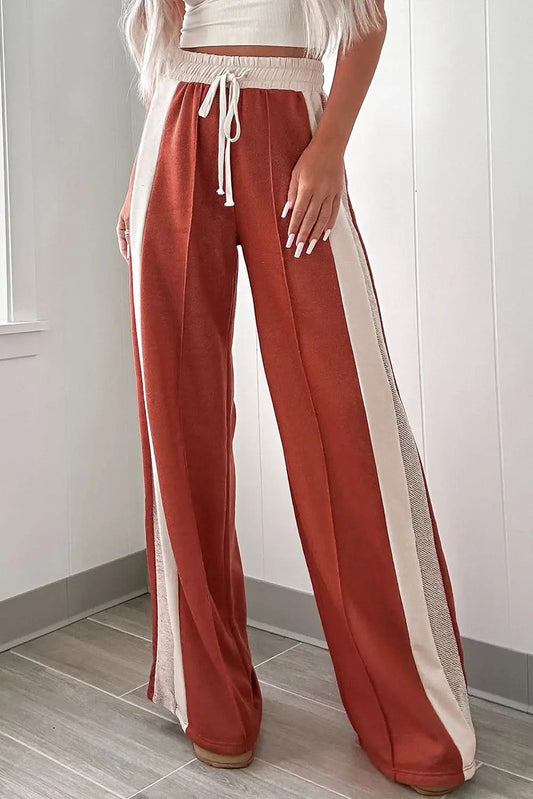 Pantalón Love Salve de Mujer, de Pierna Ancha, Bloque de Color Rojo - Cintura Alta, Cordón Ajustable