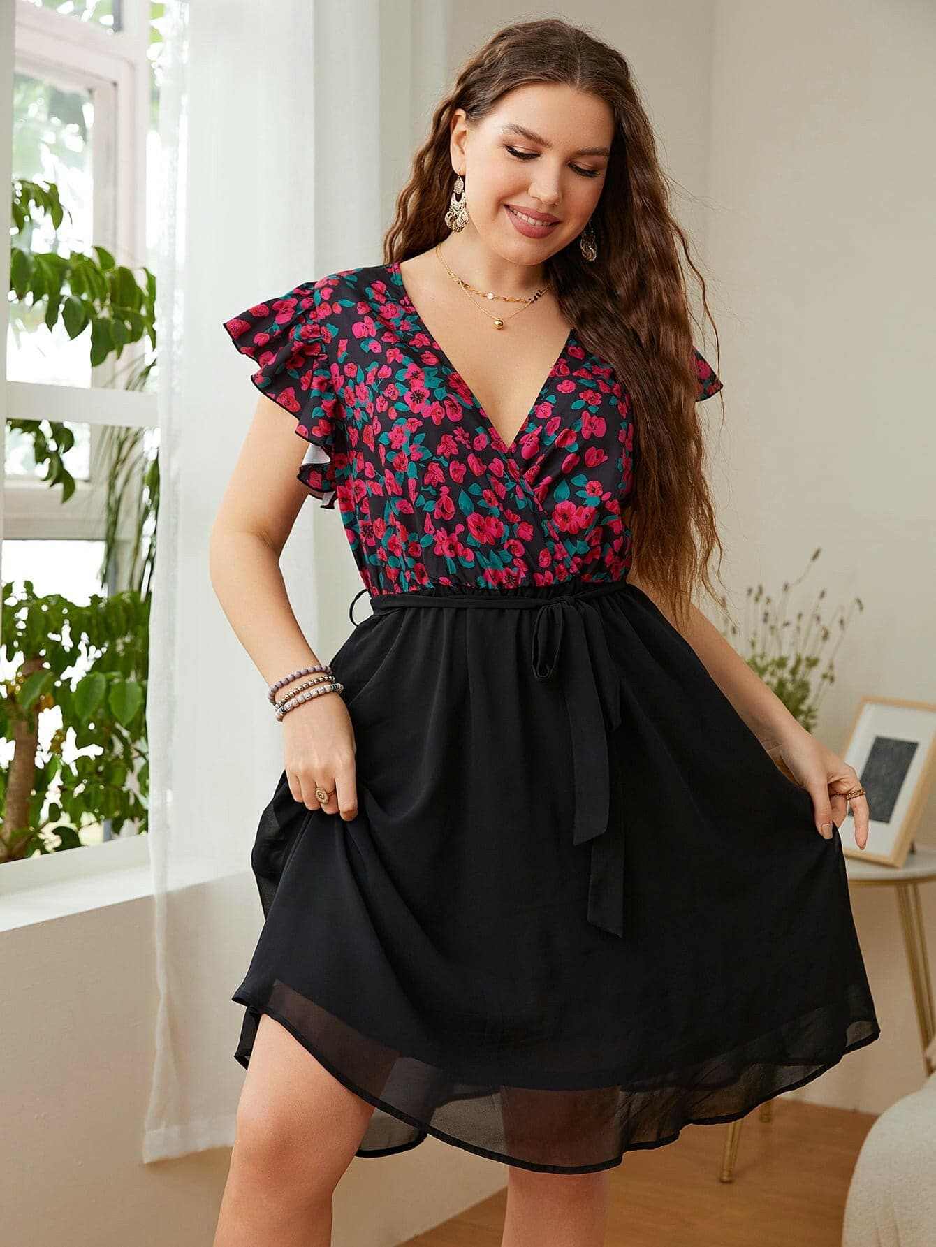 Dresses Trendsi Floral Plus Size Women's Dress Flutter Sleeve Comfy Fit