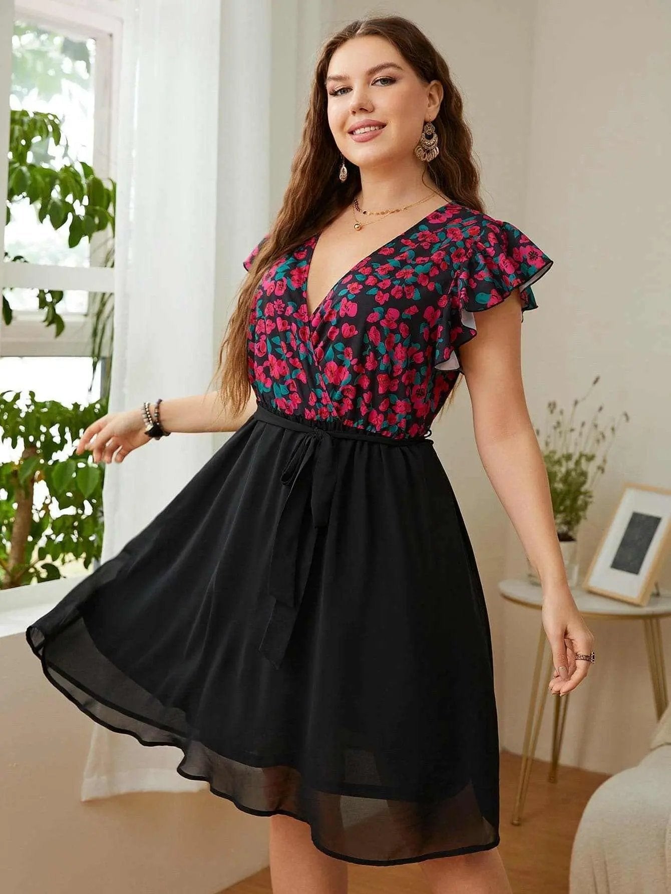 Dresses Trendsi Floral Plus Size Women's Dress Flutter Sleeve Comfy Fit