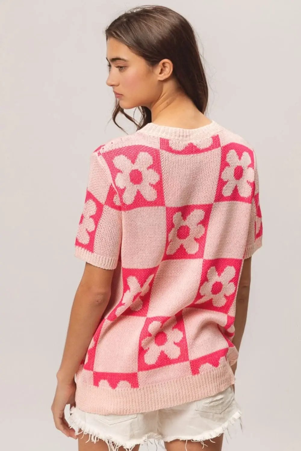 Women's Sweater - Floral Checker Soft Knit - Short Sleeve Top